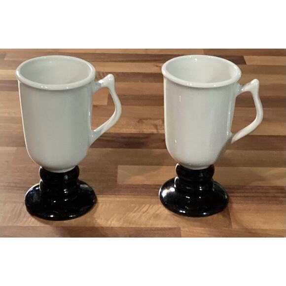 Set Of 2 HALL 1273 White and Black Pedestal Irish Coffee Mugs Cups USA 6” - Picture 3 of 10